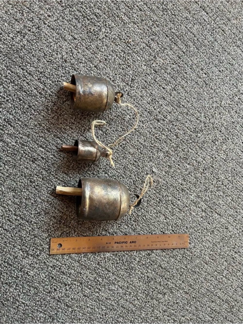 Rustic Hanging Bell Set in Aged Bronze - With Wood Clangers. great sound.